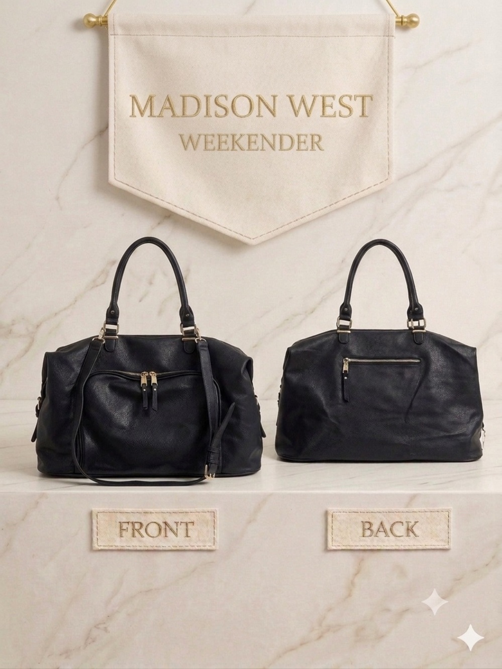 Madison West Black Pebble Vegan Leather Weekender Travel Bag Crossbody Strap